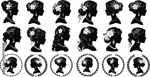 Elegant Victorian Woman Silhouette Collection with Peacock Feathers Vintage Art Nouveau Lady Profile Portraits for Retro Beauty and Fashion Graphic Design