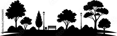 Public park silhouette with bench and street lamps