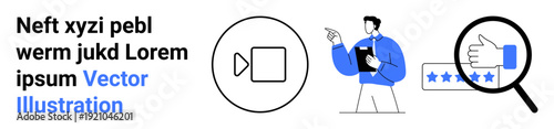 Communication, online reviews, digital feedback, professional evaluation, user engagement, and video conferencing. Icon of a video camera, a person with a clipboard, and a rating system