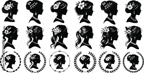 Elegant Victorian Woman Silhouette Collection with Peacock Feathers Vintage Art Nouveau Lady Profile Portraits for Retro Beauty and Fashion Graphic Design