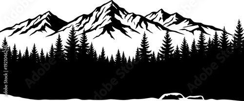 Rugged mountain range silhouette with evergreen forest