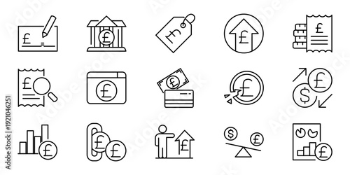 Comprehensive outline vector icons for finance, banking, and wealth management, showcasing British currency transactions and economic growth concepts
