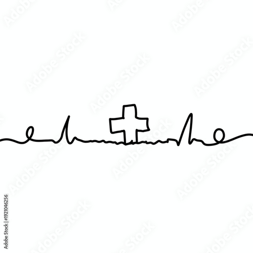 Minimal heartbeat pulse line illustration with medical cross symbol on white background. Clean continuous outline artwork for healthcare logo, clinic branding, and poster design.