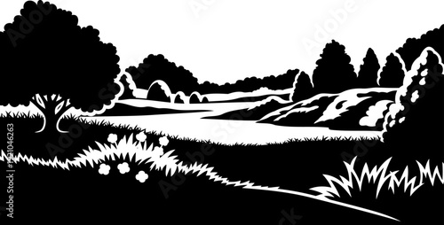 Rural countryside landscape silhouette with rolling hills and scattered trees