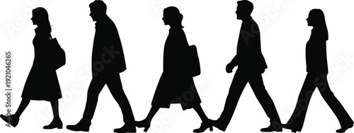 PrintSilhouette people walking, business attire, casual clothing, carrying bags, urban lifestyle illustration, daily commute concept, human motion study