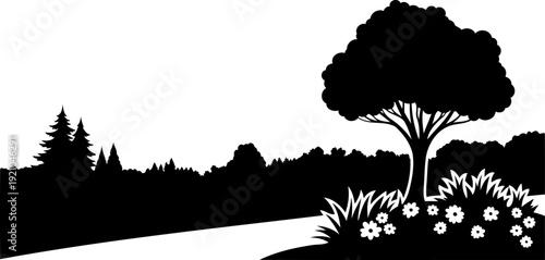 Rural landscape silhouette with a lone tree and flower patch