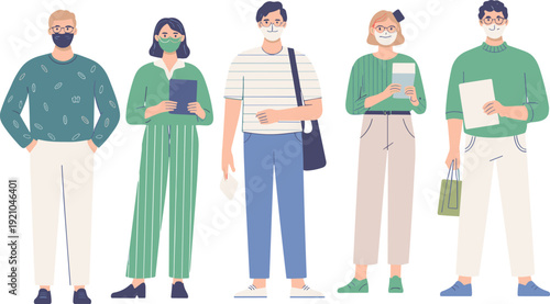PrintSilhouette people wearing face masks, casual clothing illustration, student group concept, public health awareness, education lifestyle representation