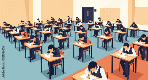 Students Taking Examination in Classroom Setting.