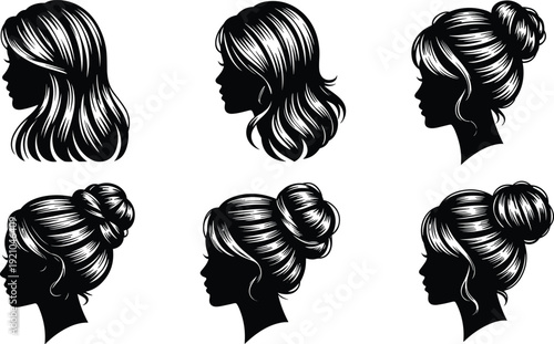 Elegant Woman Profile Silhouette Set with Various Hairstyles Including Long Waves Messy Bun and Classic Updo Vector Illustrations for Beauty Salon
