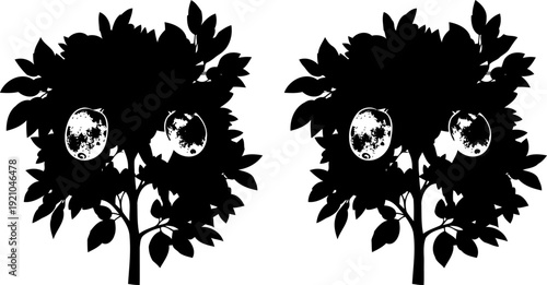 Small fruit trees silhouette with citrus fruits