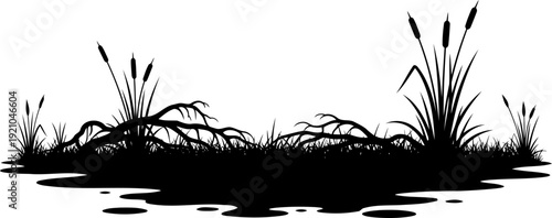 Swamp marshland silhouette with reeds and cattails by the water