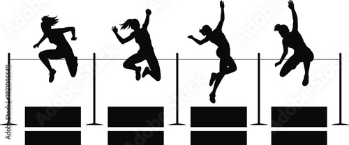 Women athlete hurdle jumping silhouette set, female track and field 