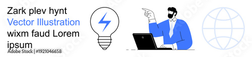 Idea generation, innovation, global business, teamwork, online learning, and creativity. A man in a blue shirt pointing at his laptop, with globe and lightbulb icons. Idea generation and innovation