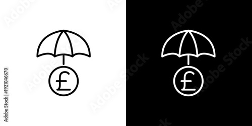 Conceptual icon illustrating financial protection, monetary security, and investment safeguarding with an umbrella over a British Pound symbol