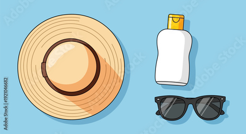Summer Accessories Hat Sunglasses Sunscreen Bottle.
