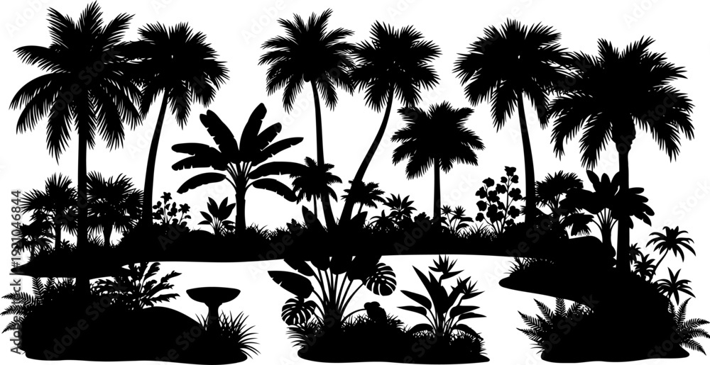 Fototapeta premium Tropical island landscape silhouette with diverse palm trees and exotic plants