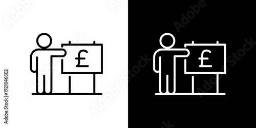 Outline icon of a business person presenting financial data with a pound sterling symbol, representing market value, sales, or economic forecast