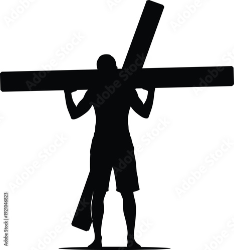 PrintSilhouette of a strong man carrying heavy wooden cross on shoulders against white background