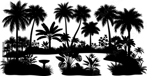 Tropical island landscape silhouette with diverse palm trees and exotic plants