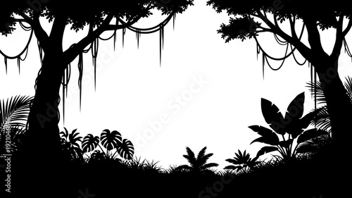 Tropical jungle border silhouette with lianas and monstera leaves