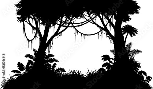 Tropical jungle border silhouette with hanging vines and ferns