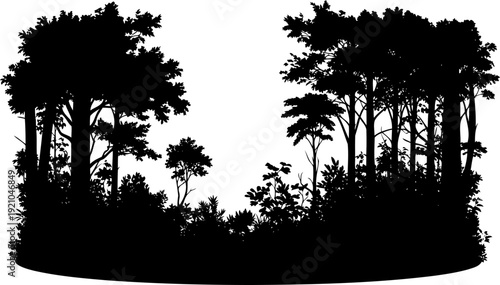 Thick forest edge silhouette with varied tree heights and dense undergrowth