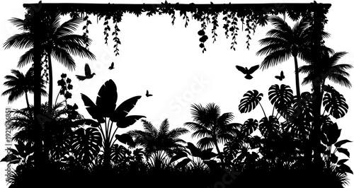 Tropical jungle foliage silhouette frame with flying birds and butterflies
