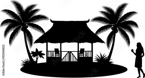 Tropical island hut silhouette with palms and woman figure