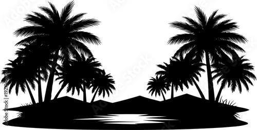 Tropical island silhouette featuring palm trees and calm lagoon water