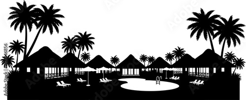 Tropical island resort silhouette with bungalows and pool