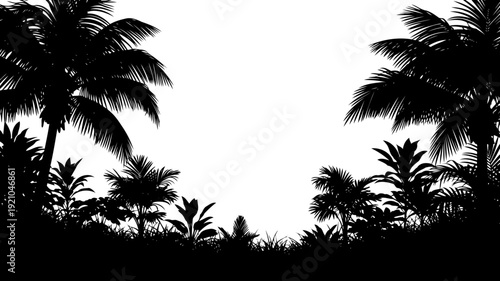 Tropical jungle edge silhouette with palm trees