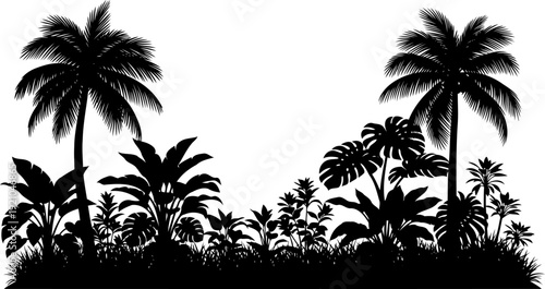 Tropical jungle horizon silhouette featuring palm trees and monstera leaves