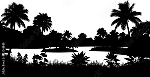 Tropical lakeside silhouette with palm trees