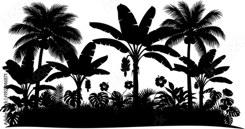 Tropical jungle landscape featuring banana and palm trees