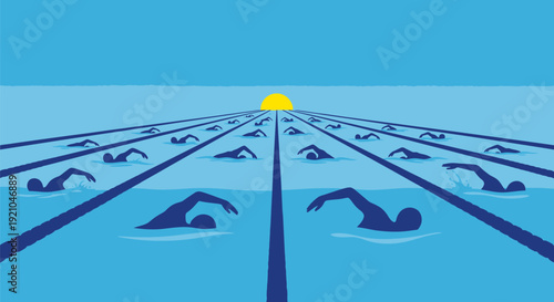 Swimmers in Swimming Pool at Sunrise.