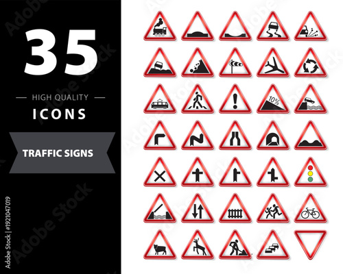 Professional collection of triangular warning traffic signs for road safety, transportation hazards, and driving regulations in flat design style.