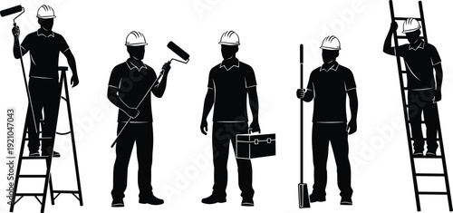 PrintConstruction workers and professional painters silhouette set with tools ladders and safety hard hats