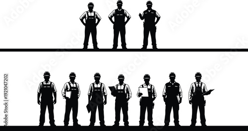 PrintBlack silhouette collection of construction workers and industrial professionals in various working poses,