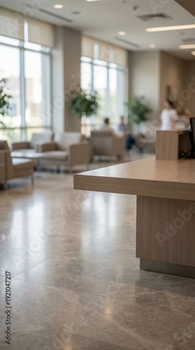Modern office reception area with wooden desk and comfortable seating