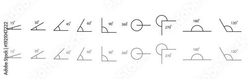 Set of different acute and right angles shown with degree measurements, including 10, 15, 30, 45, 60, 75, and 90 degrees