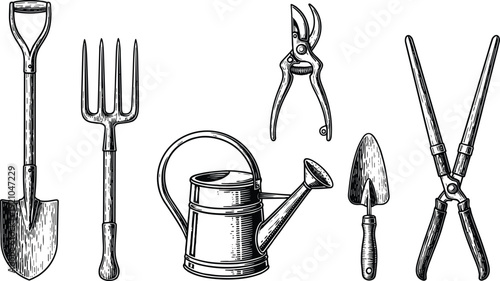 Set of vintage hand drawn garden tool sketches including shovel pitchfork watering can pruners trowel and shears isolated on white background for horticulture design.