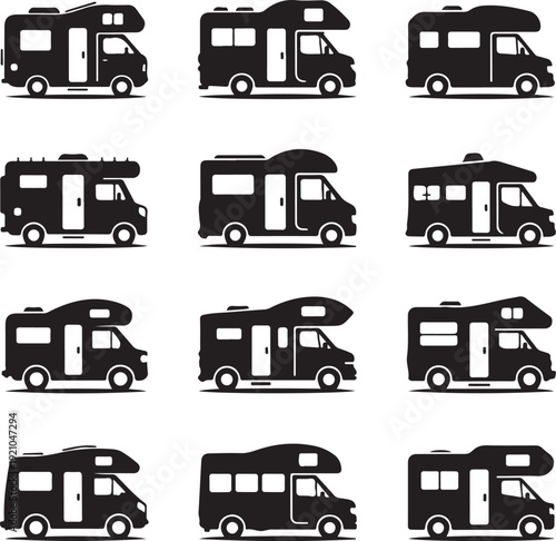 Camping trucks black glyph icons vector set