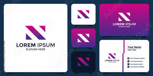 Modern letter N logo design template, gradient color, with business card mockup for corporate identity and branding