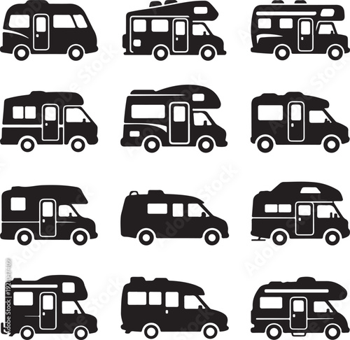 Camping trucks black glyph icons vector set