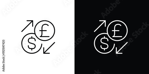 Modern outline icon illustrating global currency exchange with dollar and pound signs and circulating arrows, symbolizing foreign trade and financial transactions