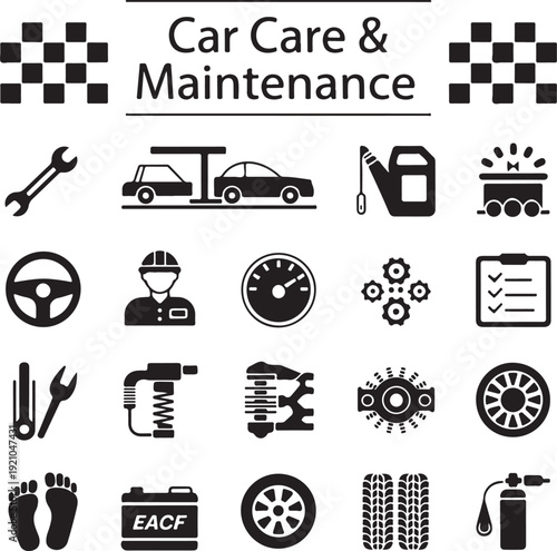 Car Care and Maintenance Objects icons Set, Black and white, Silhouette, Vehicle Mechanicals, Garage Service
