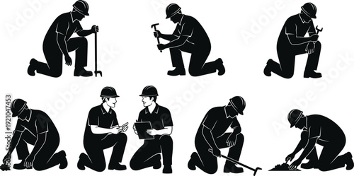 PrintBlack silhouette set of construction workers in hard hats using tools and equipment,