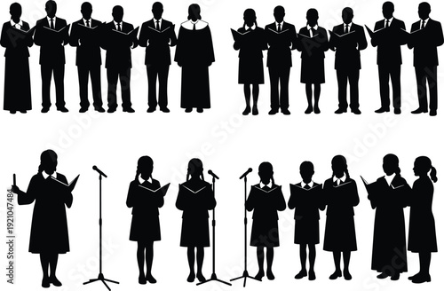 Choir Group Silhouette Set with Gospel Singers, Church Worship Choir, School Students Singing with Microphone Vector Illustration Collection