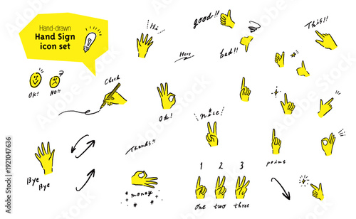 ハンドサインの線画イラストアイコンセット　ハンドジェスチャー