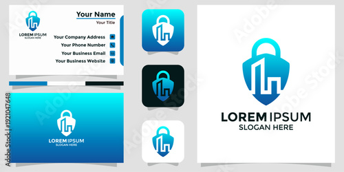 Modern shield and building logo design template for real estate, security, or finance business branding and corporate identity